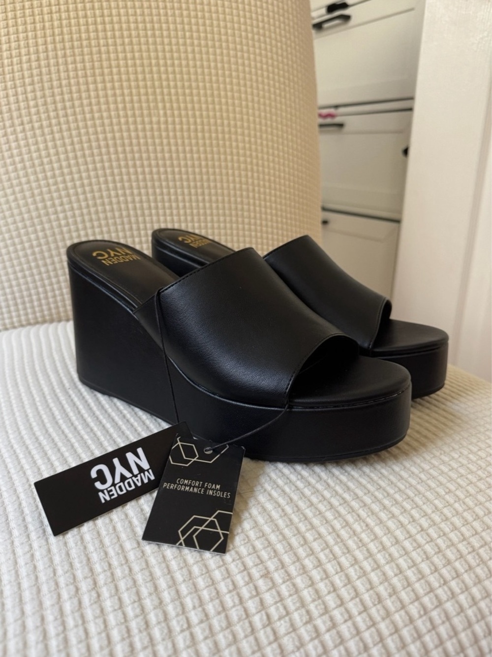 Madden NYC Black Platform Wedge Slide Sandal Black US 9